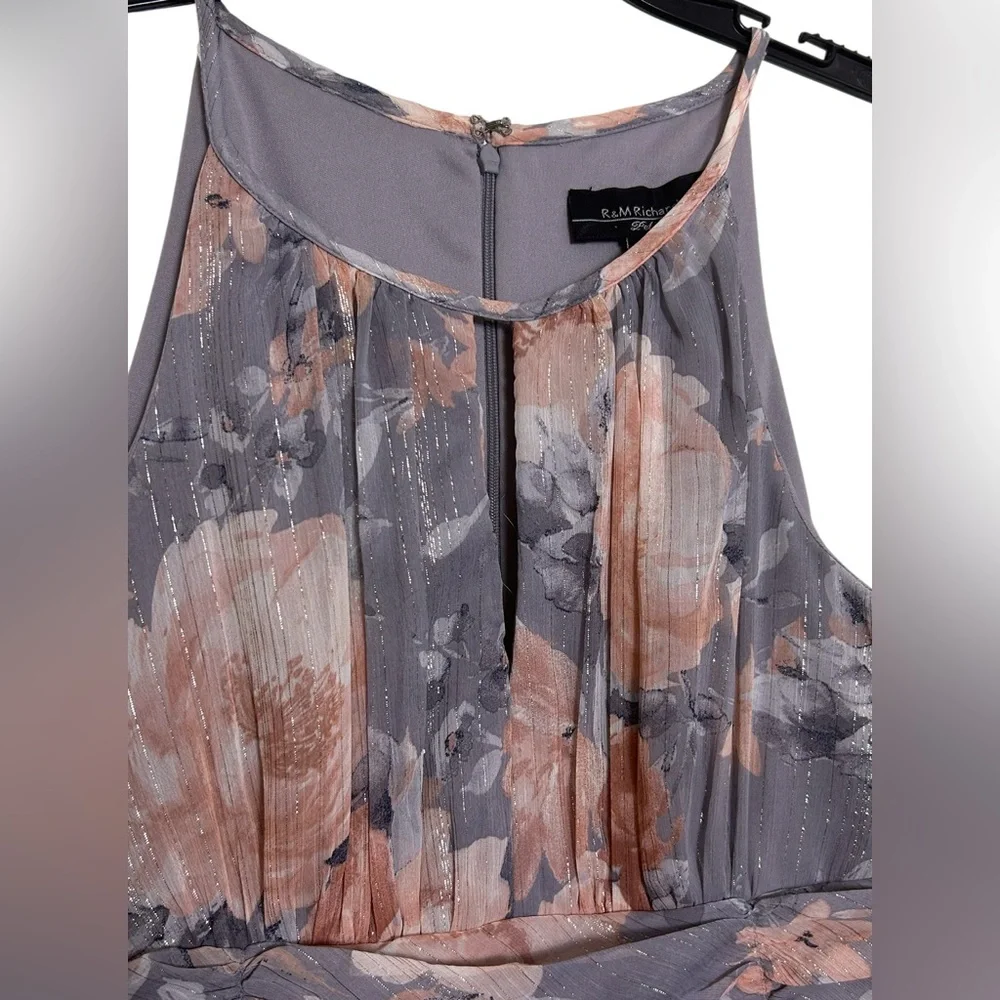 R&M Richards Women’s Floral Halter Maxi Dress Gray & Mauve Size 4P - Picture 6 of 12